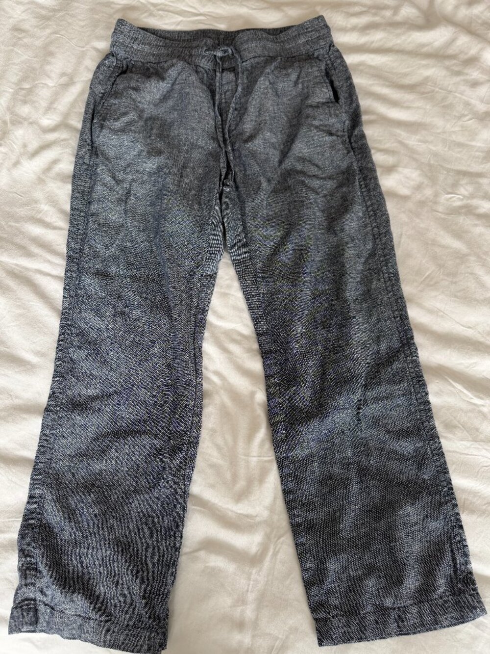 Ann Taylor Blue Chambray Linen Blend Drawstring Straight Leg Pants Petite Small